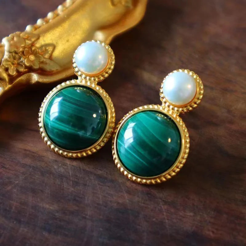 Green Malachite Pearl Stud Earrings